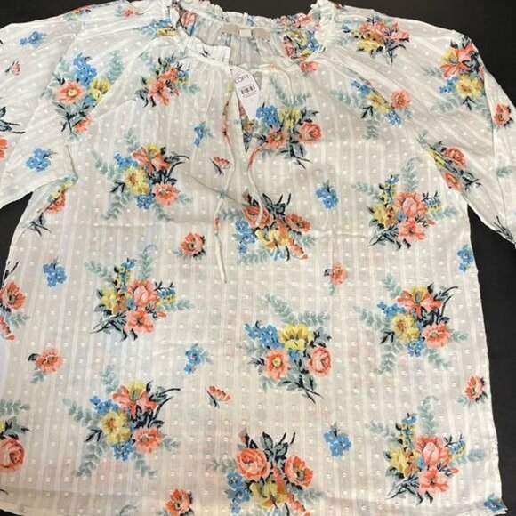 LOFT Women Garden Ruffle Tie Neck Blouse size Medium - Picture 2 of 13